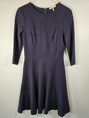 NWOT 3 Dots Classic Navy Fit-and-Flare Dress 3/4 Sleeves Knee Length Raw Hem S